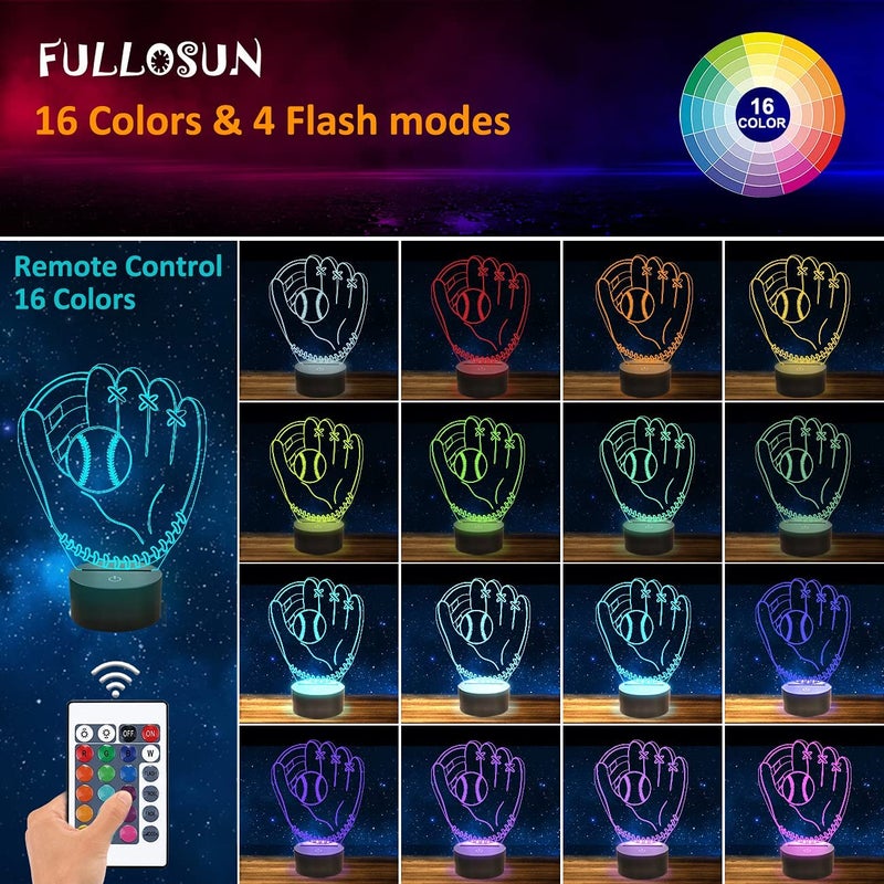 FULLOSUN Baseball Gifts for Kids, 3D Glove Night Lights Illusion Bedside Lamp 16 Colors Changing with Remote Control for Boy Christmas Thanksgiving Xmas - Image 2